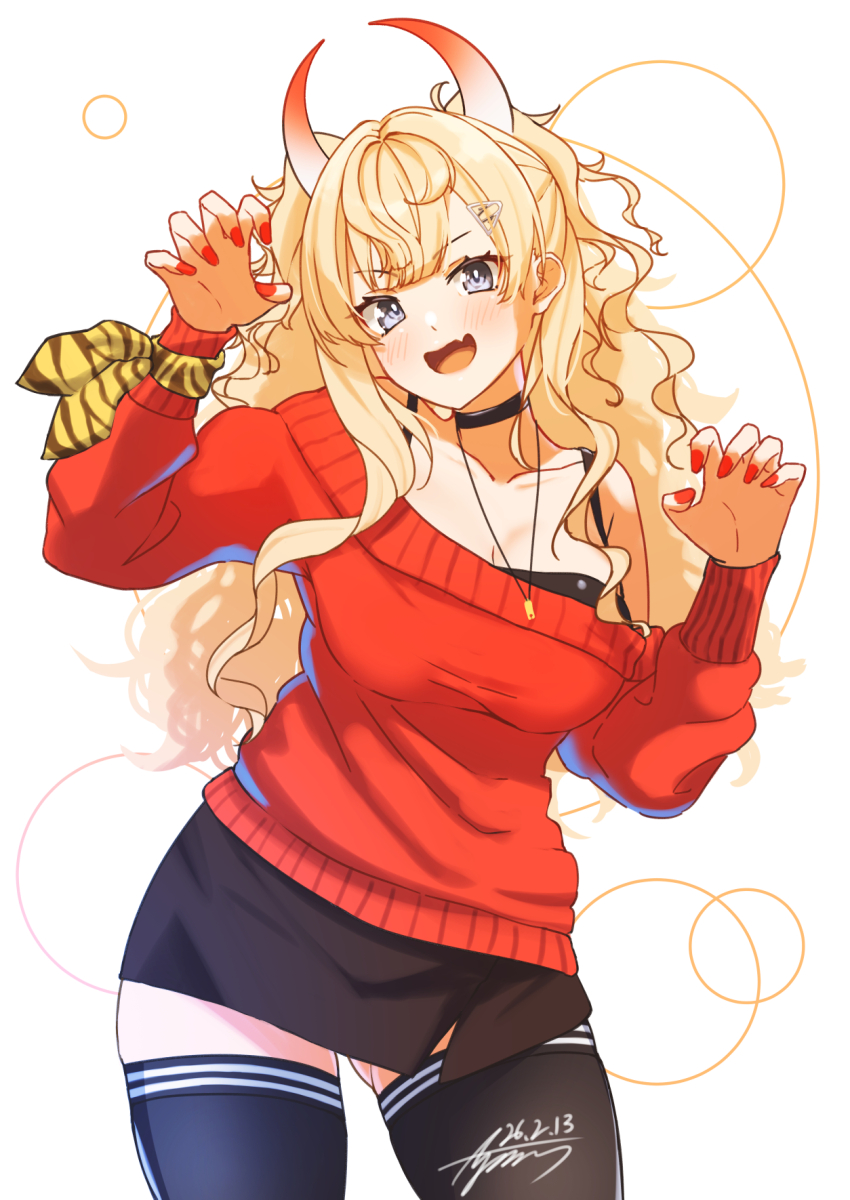 1girl, ayuman, black_choker, black_skirt, black_thighhighs, breasts, choker, commentary