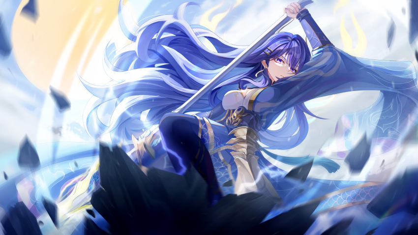 1girl, absurdres, ang55523671, blue_kimono, breasts, cleavage, closed_mouth, commentary