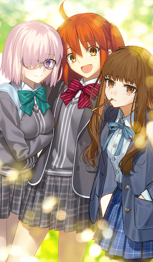3girls, after_time_valentine_2026, ahoge, black_jacket, blue_jacket, blue_skirt, blush, bow