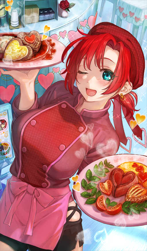 1girl, after_time_valentine_2026, apron, beret, black_shorts, boudica_(fate), breasts, earrings, fate/grand_order, fate_(series), food, green_eyes, hat, heart, hoop_earrings, jewelry, kawai_makoto, large_breasts, long_sleeves, looking_at_viewer, official_art, one_eye_closed, open_mouth, pink_apron, ponytail, red_hair, red_hat, red_shirt, shirt, short_hair, short_ponytail, short_shorts, shorts, smile, solo, tray, waist_apron