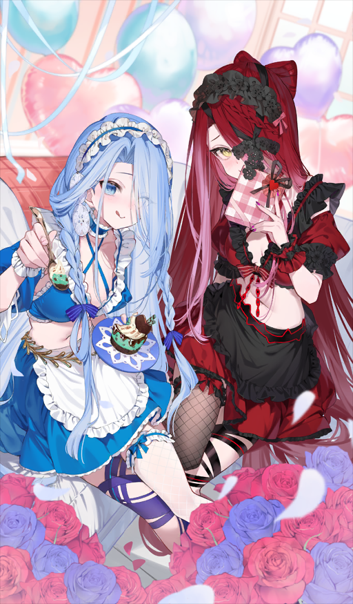 2girls, after_time_valentine_2026, apron, balloon, black_skirt, black_wrist_cuffs, blue_eyes, blue_hair, blue_shirt, blue_skirt, blush, box, braid, breasts, crop_top, cropped_shirt, fate/grand_order, fate_(series), food, frilled_hairband, frilled_thigh_strap, frilled_wrist_cuffs, frills, gift, gift_box, hair_over_one_eye, hairband, heart_balloon, holding, holding_spoon, incoming_food, licking_lips, long_hair, looking_at_viewer, maid_apron, maid_headdress, midriff, multiple_girls, navel, official_art, plate, puffy_short_sleeves, puffy_sleeves, red_hair, red_shirt, red_skirt, shirt, short_sleeves, shuri_(84k), skirt, small_breasts, smile, spoon, textless_version, thigh_strap, tongue, tongue_out, typhon_ephemeros_(double_sweet)_(fate), typhon_ephemeros_(fate), typhon_epsilon_(double_sweet)_(fate), typhon_epsilon_(fate), waist_apron, white_apron, white_wrist_cuffs, wrist_cuffs, yellow_eyes