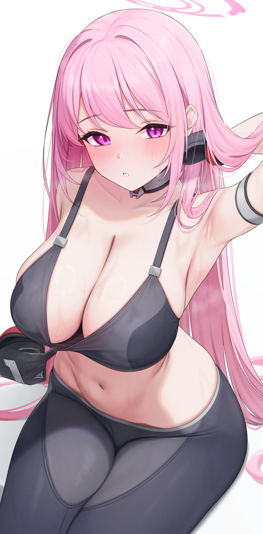 1girl, absurdly_long_hair, absurdres, arm_strap, arm_up, armpits, black_bra, black_pants