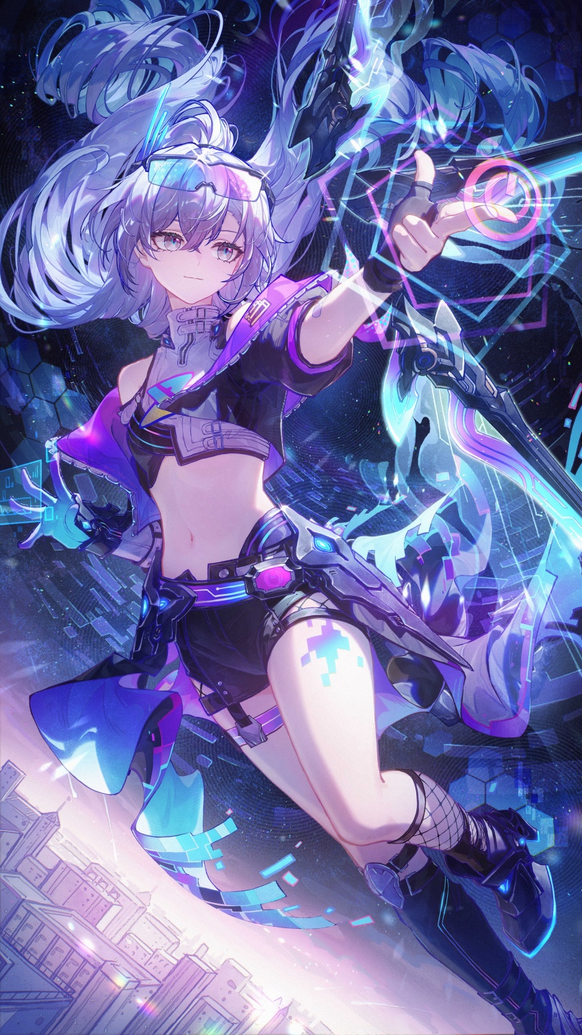 1girl, absurdres, black_boots, black_gloves, black_jacket, black_shorts, boots, breasts