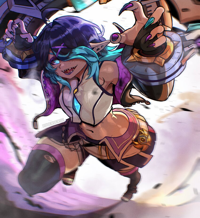 absurdres, backlighting, battle_academia_briar, belt, blue_eyes, blue_gem, blurry, blurry_background, bracelet, briar_(league_of_legends), chest_jewel, claw_pose, claws, colored_sclera, crop_top, depth_of_field, ear_piercing, fingerless_gloves, gem, gloves, glowing, glowing_eyes, highres, jacket, jewelry, league_of_legends, lewdrover, midriff, motion_blur, multicolored_hair, official_alternate_costume, piercing, pillory, pink_sclera, pointy_ears, school_uniform, sharp_teeth, shorts, skirt, spiked_bracelet, spikes, teeth, thighhighs, tongue_piercing, torn_clothes, vampire