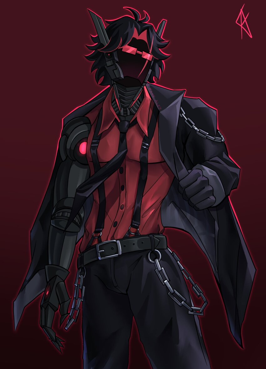 1boy, belt, black_gloves, black_hair, black_jacket, black_necktie, chain, character_request