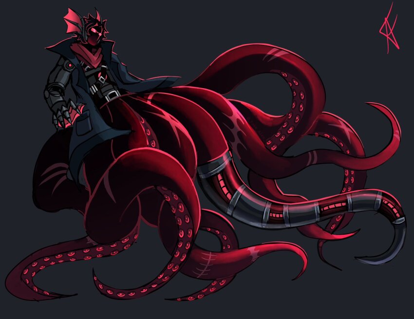 1boy, black_coat, character_request, chest_belt, coat, fake_alex, fins, floating