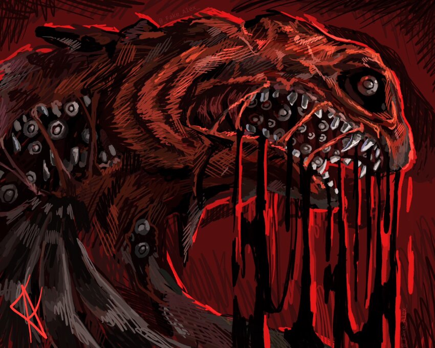 character_request, creature, dripping, drop_shadow, eye_in_mouth, fake_alex, highres, horror_(theme)