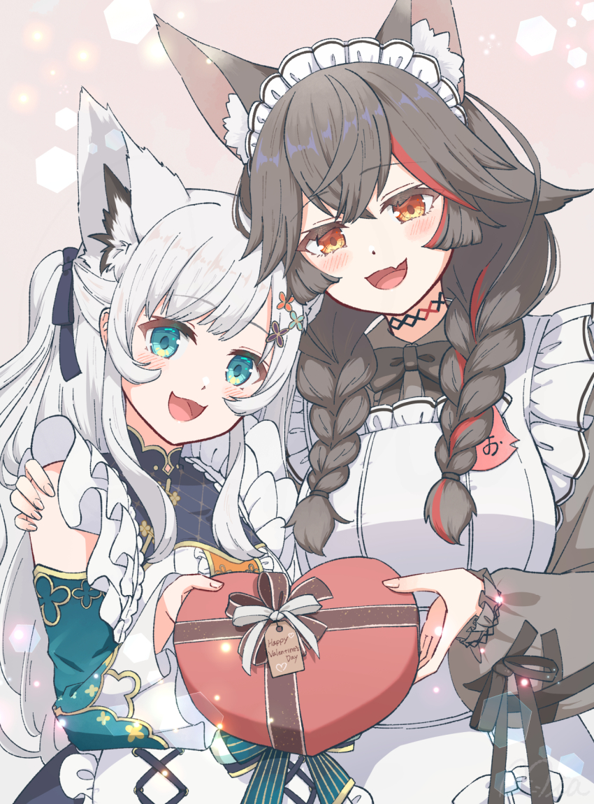 2girls, animal_ear_fluff, animal_ears, apron, aqua_eyes, black_bow, black_hair, black_shirt