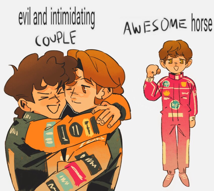 3boys, awesome_lesbian_couple_(meme), brown_eyes, brown_hair, charles_leclerc, closed_mouth, commentary, english_commentary