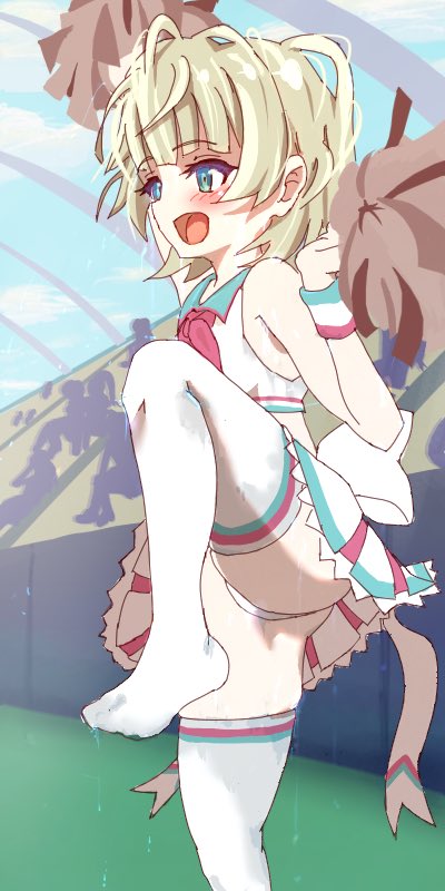 1girl, :d, adapted_costume, arm_up, assault_lily, audience, back_bow, bare_shoulders, blonde_hair, blue_eyes, blue_sky, blush, bow, cheerleader, cloud, commentary_request, crop_top, day, esaka_shizuku, foot_out_of_frame, from_side, h_popowa, hand_up, holding, holding_pom_poms, leg_up, looking_ahead, midriff, miniskirt, neckerchief, no_shoes, open_mouth, outdoors, panties, pom_pom_(cheerleading), pom_poms, red_neckerchief, shirt, short_hair, skirt, sky, sleeveless, sleeveless_shirt, smile, solo, stadium, standing, standing_on_one_leg, sweat, thighhighs, underwear, upskirt, white_bow, white_panties, white_shirt, white_skirt, white_thighhighs, wristband