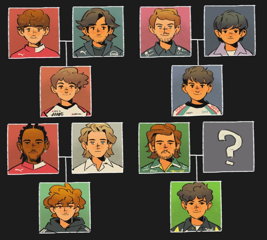 6+boys, ?, andrea_kimi_antonelli, beard, beard_stubble, black_background, black_eyes, black_hair, blue_eyes, brown_eyes, brown_hair, carlos_sainz, charles_leclerc, closed_mouth, commentary, english_commentary, expressionless, facial_hair, family_tree, fernando_alonso, formula_one, gabriel_bortoleto, highres, implied_yaoi, isack_hadjar, lewis_hamilton, looking_at_viewer, male_focus, multiple_boys, nico_rosberg, oliver_bearman, pierre_gasly, real_life, short_hair, simple_background, smile, sog_goog, stubble, tsunoda_yuuki_(racecar_driver)