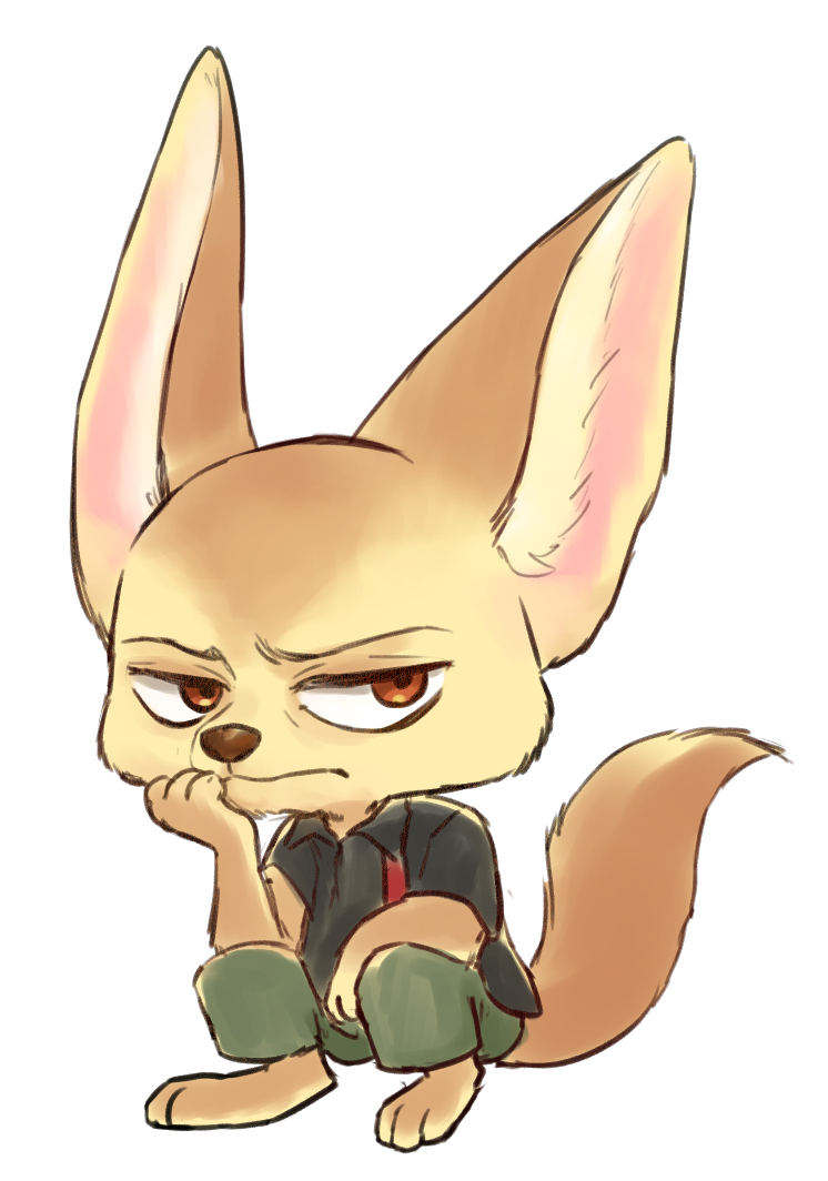 1boy, animal_ears, barefoot, black_shirt, chusan_39, closed_mouth, commentary_request, finnick_(zootopia), fox_boy, fox_ears, fox_tail, furry, furry_male, green_pants, hand_on_own_chin, looking_at_viewer, male_focus, pants, shirt, squatting, tail, white_background, zootopia