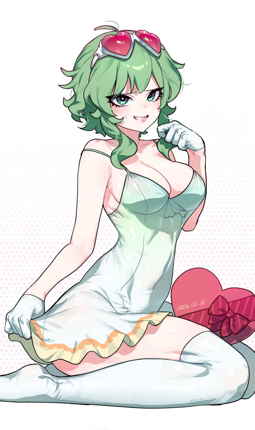 absurdres, breasts, dress, green_hair, gumi, gumi_(v3_megpoid), hashtag-only_commentary, heart, highres, nako_nko, shiny_skin, valentine, vocaloid