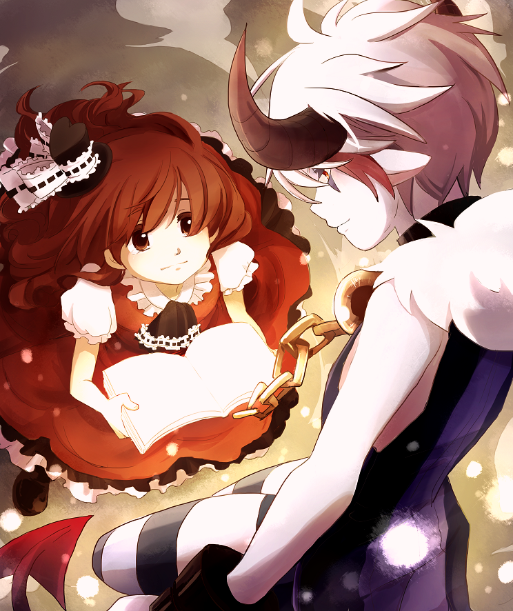 1boy, 1girl, book, brown_eyes, brown_hair, chain, ascot, dai_(mebae16)