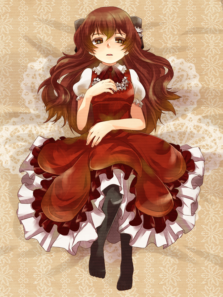 1girl, ascot, black_pantyhose, brown_background, brown_eyes, brown_hair, dress, expressionless