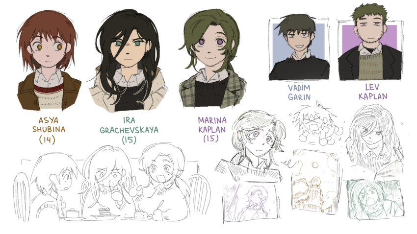 2boys, 3girls, asya_shubina, black_hair, black_jacket, black_sweater, brown_hair, brown_jacket