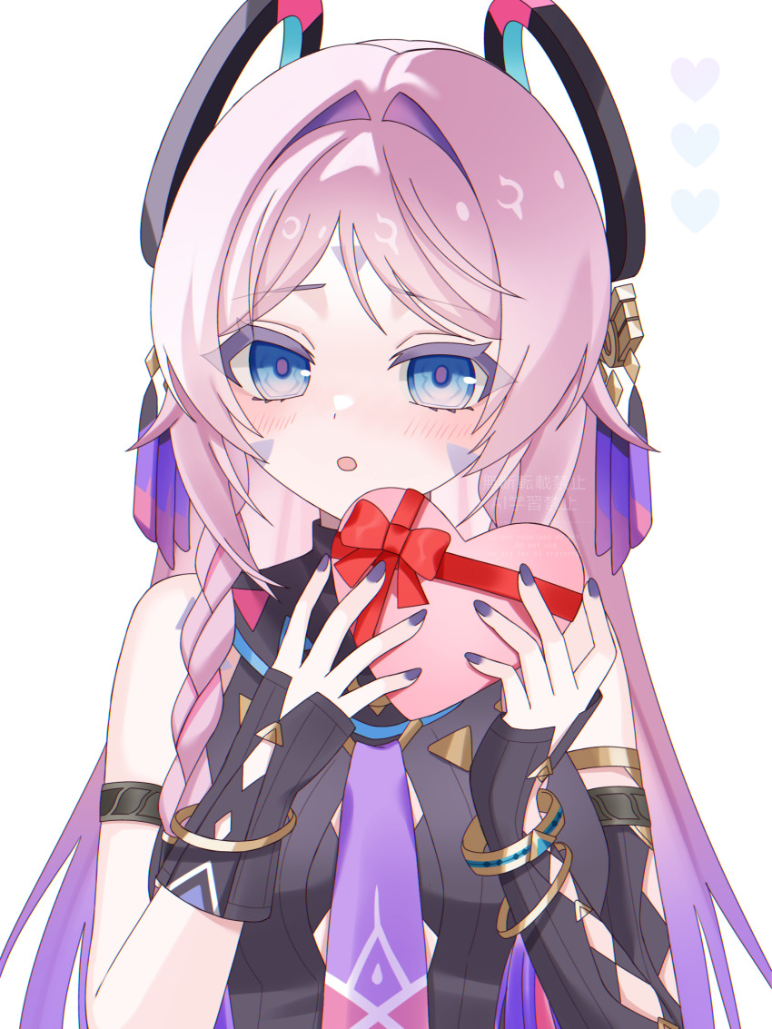 1girl, :o, asymmetrical_gloves, bare_shoulders, black_gloves, blue_eyes, blush, bow