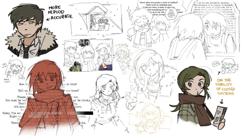 1boy, 33_(zawezo), 3girls, asya_shubina, binoculars, black_hair, cigarette, english_text