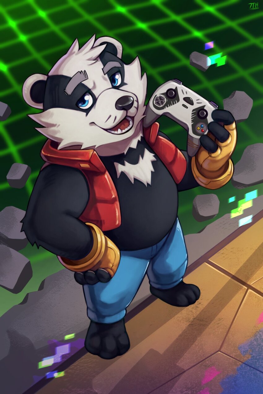 1boy, 7th_art_forge, badger_boy, black_fur, blue_pants, bradley_the_badger, bradley_the_badger_(game), commentary, controller, english_commentary, fingerless_gloves, furry, furry_male, gloves, highres, holding, holding_controller, looking_at_viewer, male_focus, multicolored_fur, open_mouth, pants, red_vest, smile, vest, white_fur, yellow_gloves