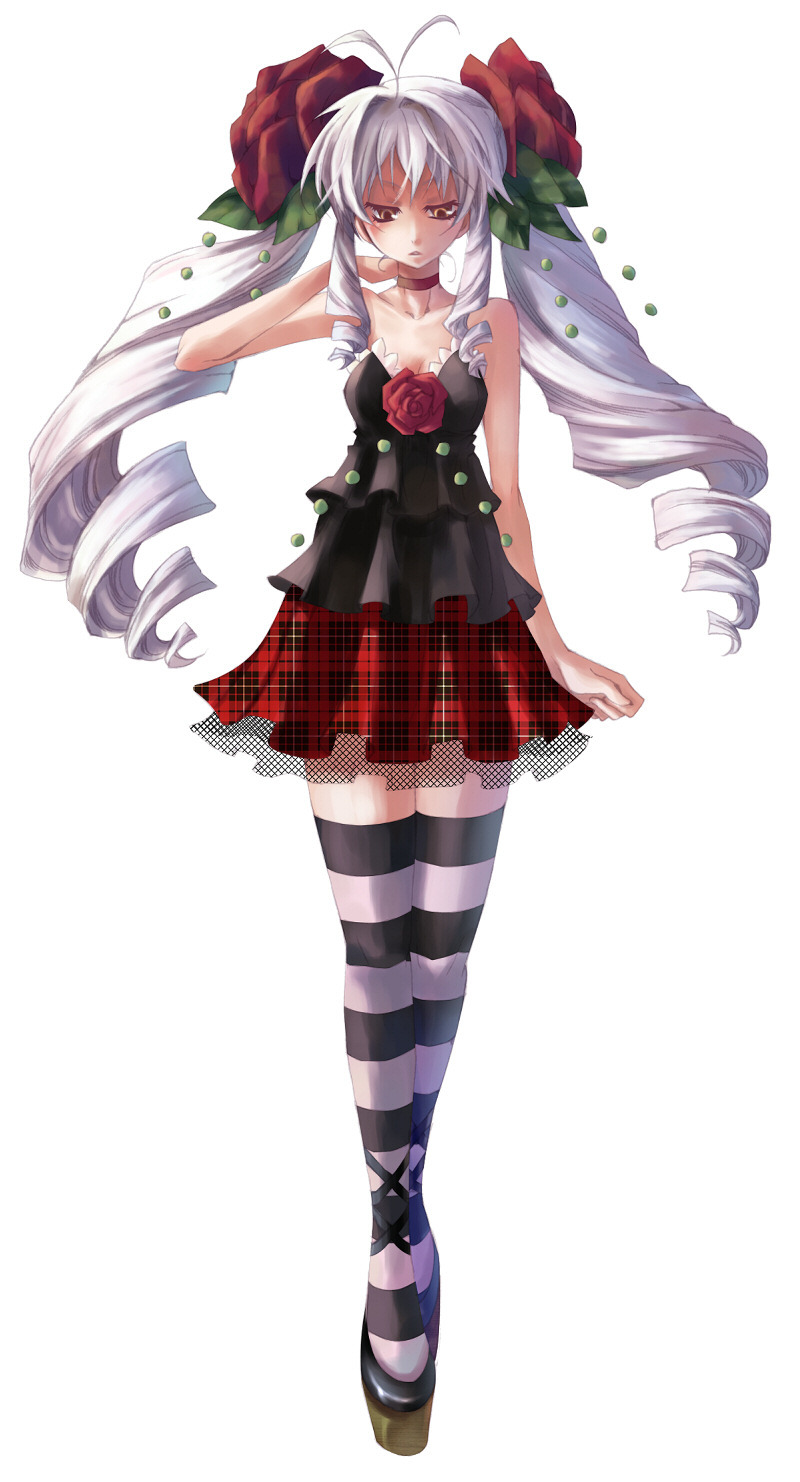 1girl, black_thighhighs, brown_eyes, choker, female_focus, flower, full_body, hair_flower, hair_ornament, highres, ibara_hime, leaf, long_hair, official_art, plaid_clothes, plaid_skirt, red_flower, red_rose, rose, shoes, sidelocks, silver_hair, skirt, solo, striped_clothes, striped_thighhighs, thighhighs, twintails, white_thighhighs, zettai_meikyuu_grimm