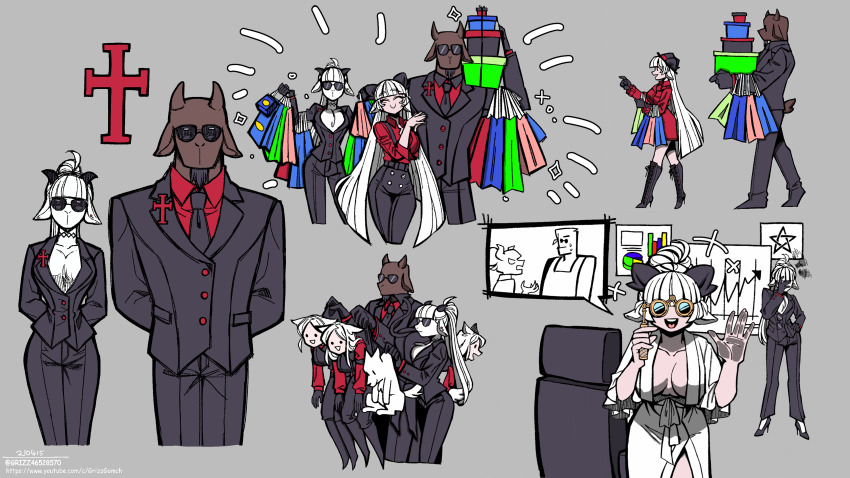 1boy, 4girls, absurdres, animal_ears, bag, baphomet_(grizz), binoculars, black_dress