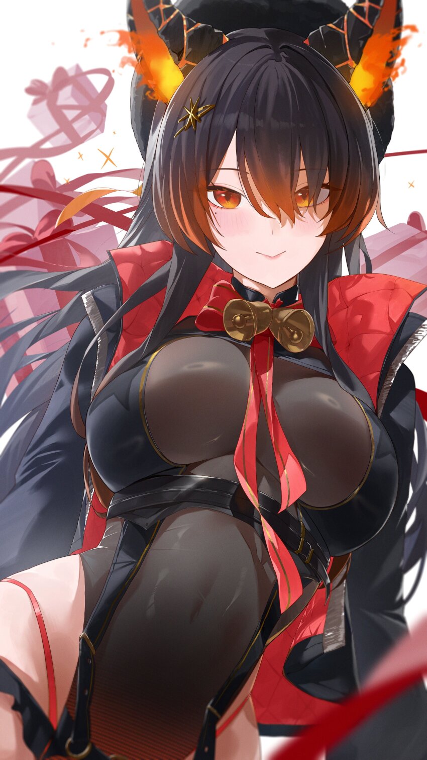 1girl, 4rin+, absurdres, animal_ears, bell, black_jacket, blurry, blush