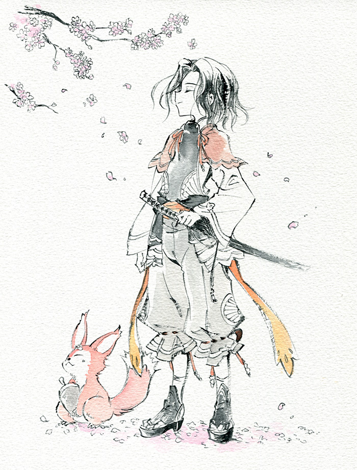 1girl, acorn, agahari, androgynous, black_hair, cherry_blossoms, female_focus, flower, harvest_moon, japanese_clothes, katana, mikoto_(rune_factory), petals, reverse_trap, rune_factory, rune_factory_oceans, short_hair, solo, squirel, squirrel, sword, traditional_media, weapon