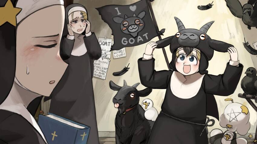 3girls, :d, bible_(object), bird, blonde_hair, blue_eyes, chicken, closed_eyes, clumsy_nun_(diva), commentary, crow, diva_(hyxpk), duck, english_commentary, feathers, goat, goat_hat, highres, little_nuns_(diva), mole, mole_on_cheek, multiple_girls, note, nun, open_mouth, pentagram, smile, star_nun_(diva), star_ornament, strict_nun_(diva), tongue, tongue_out, traditional_nun