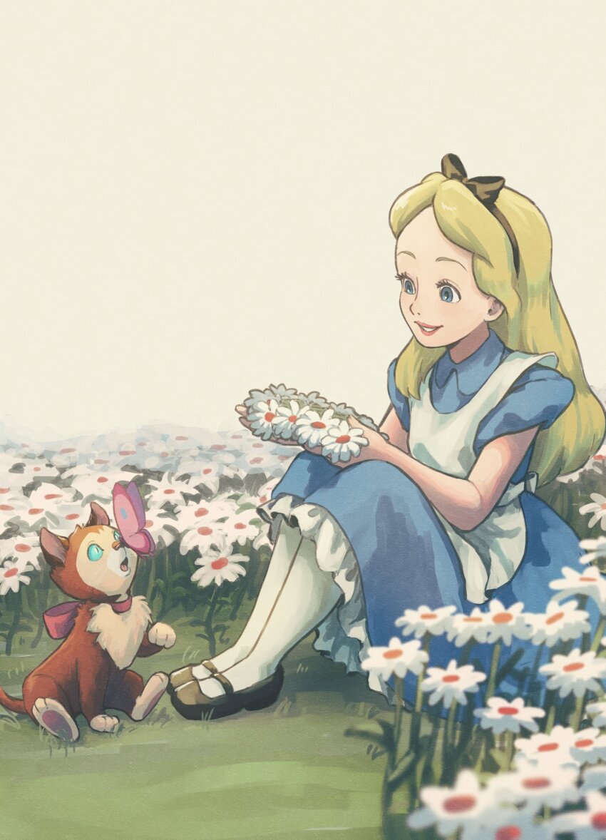 1girl, alice_(disney), alice_in_wonderland_(disney), apron, blonde_hair, blue_dress, blue_eyes, bow, cat, commentary_request, dinah_(disney), disney, dress, hairband, highres, holding, long_hair, open_mouth, ribbon, shikata_ni, shoes, short_sleeves, smile, white_apron