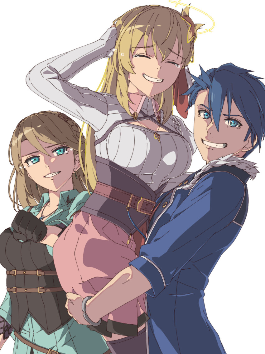 1boy, 2girls, agnes_claudel, black_gloves, blonde_hair, blue_coat, blue_eyes, blue_hair