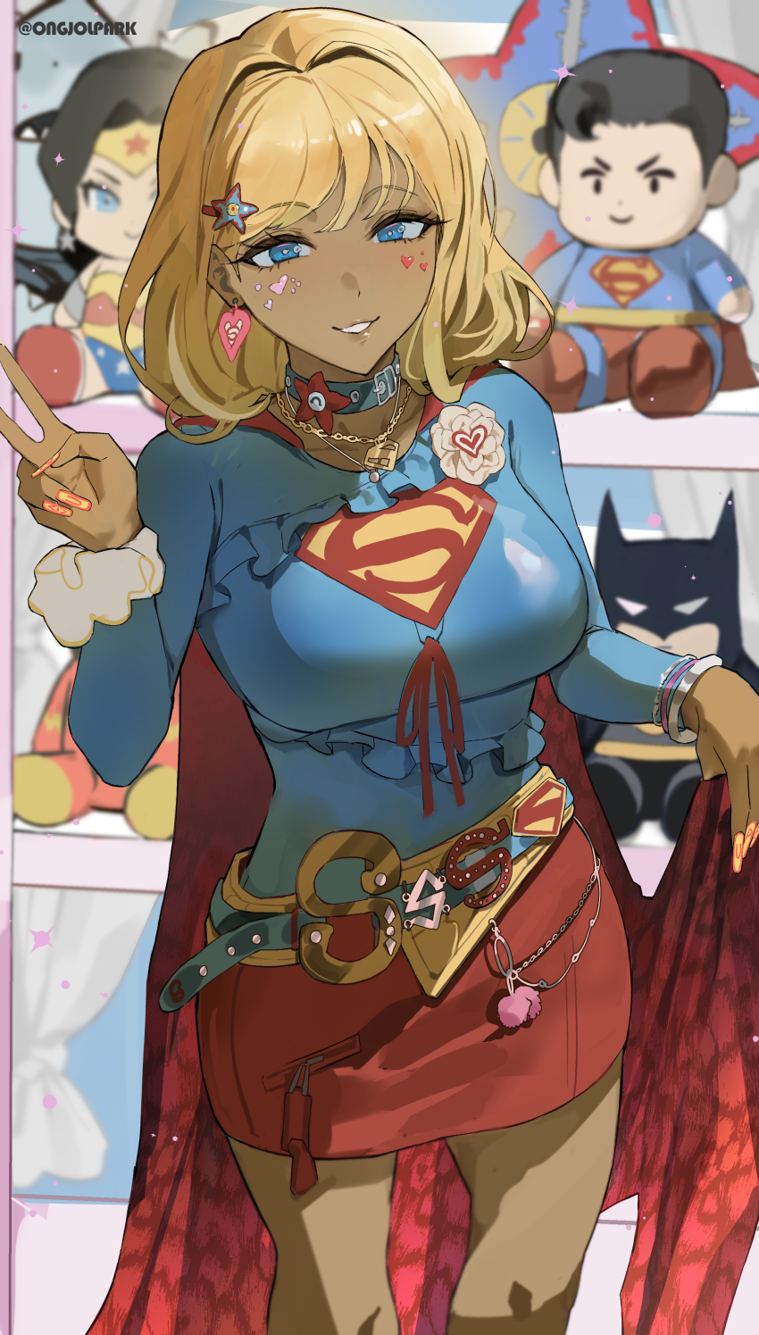 1girl, absurdres, batman, batman_(series), blonde_hair, blue_eyes, breasts, cape