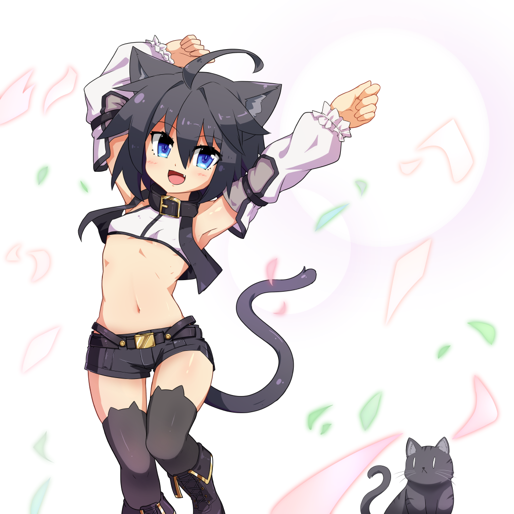 1girl, 1up_(solid2), :d, animal_ear_legwear, animal_ears, armpits, arms_up, black_boots