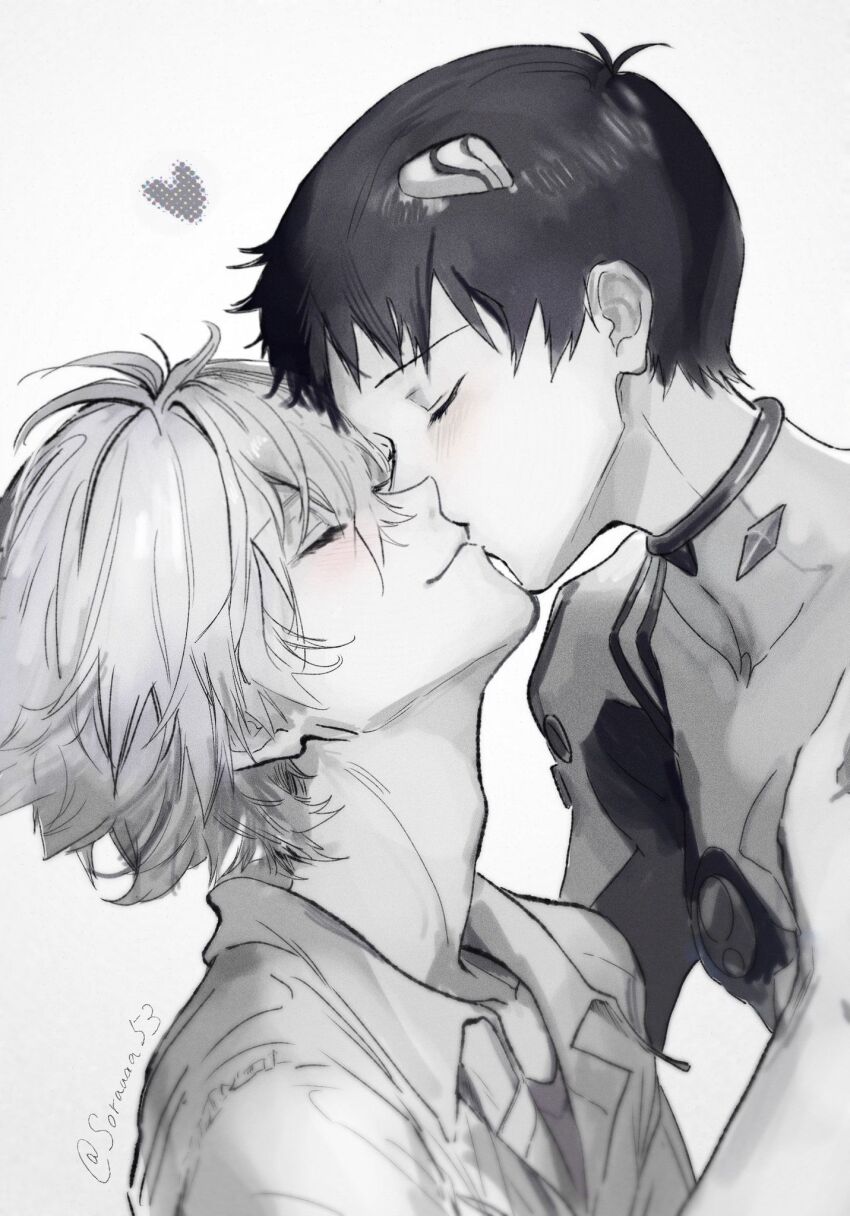 2boys, black_hair, blush, boy_on_top, closed_eyes, closed_mouth, commentary, greyscale