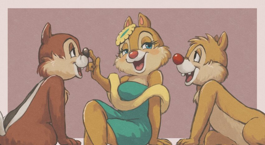 1girl, 2boys, blue_dress, blue_eyes, chip_(disney), chipmunk, chipmunk_ears, chipmunk_girl