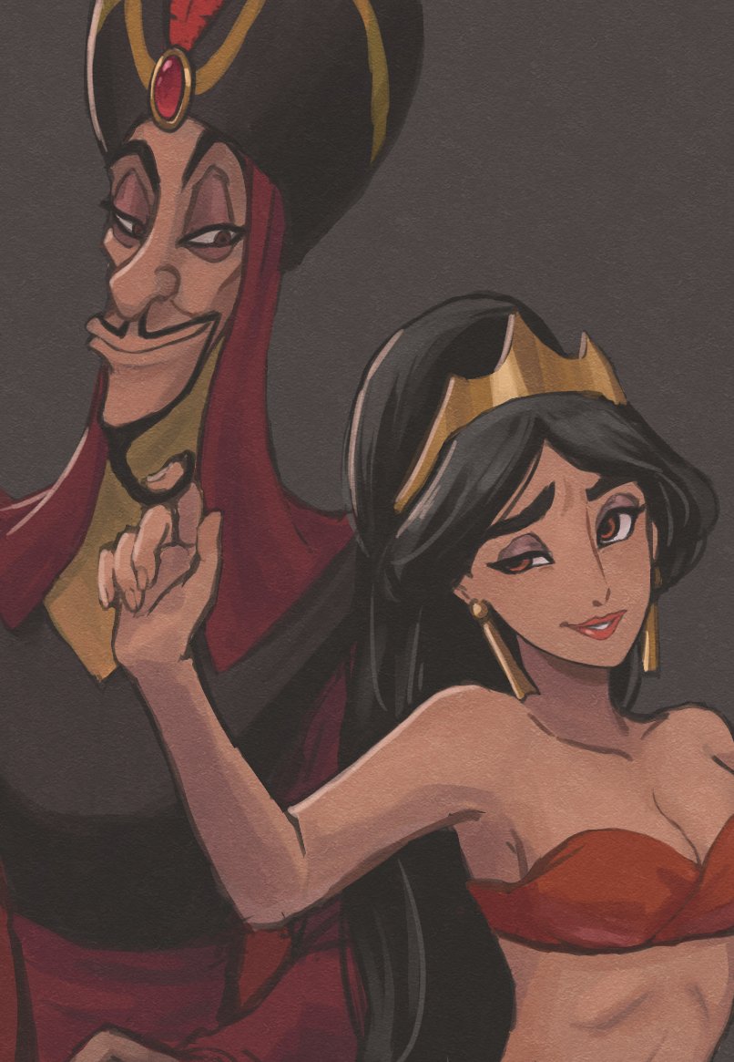 1boy, 1girl, aladdin_(movie), bare_shoulders, beard, black_hair, brown_eyes, brown_hair, commentary_request, dark-skinned_female, dark_skin, earrings, facial_hair, hat, holding, jafar, jasmine_(disney), jewelry, long_hair, looking_at_viewer, off_shoulder, shikata_ni, smile, upper_body, very_long_hair