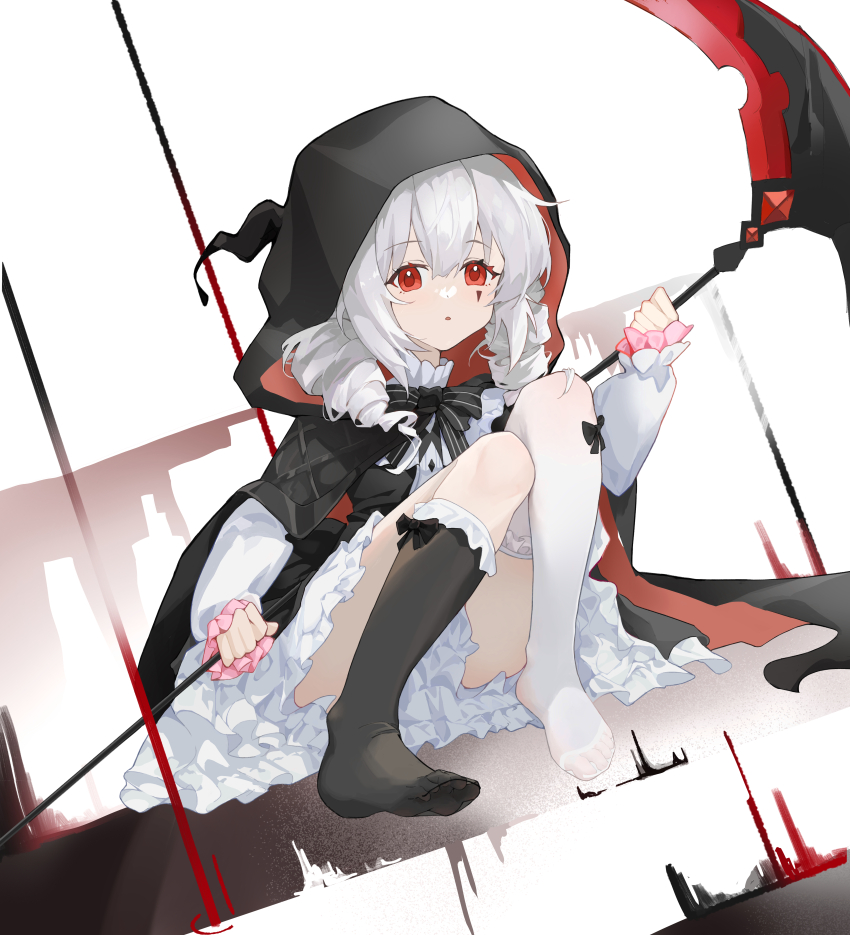 1girl, absurdres, asymmetrical_legwear, black_bow, black_bowtie, black_cloak, black_socks, bow, bowtie, cloak, commentary_request, dress, drill_hair, feet, frilled_dress, frills, full_body, hair_between_eyes, highres, holding, holding_scythe, hood, hood_up, hooded_cloak, inx0, kneehighs, long_hair, long_sleeves, looking_at_viewer, mark_under_eye, medium_hair, no_shoes, parted_lips, red_eyes, scythe, sitting, socks, solo, striped_bow, striped_bowtie, striped_clothes, thighhighs, tlipoca, twin_drills, white_background, white_dress, white_hair, white_thighhighs, yog-sothoth's_yard