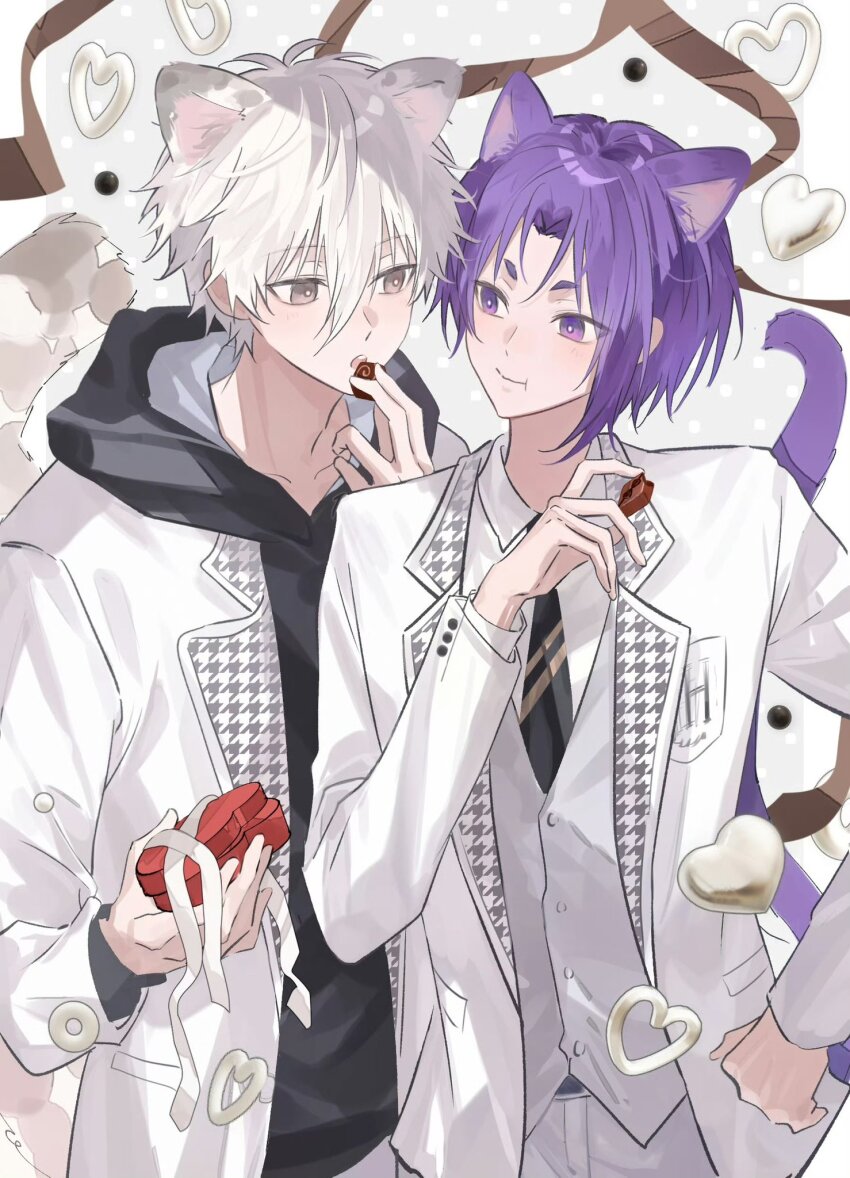2boys, animal_ears, black_hoodie, blnag_peapond, blue_lock, box, box_of_chocolates, candy