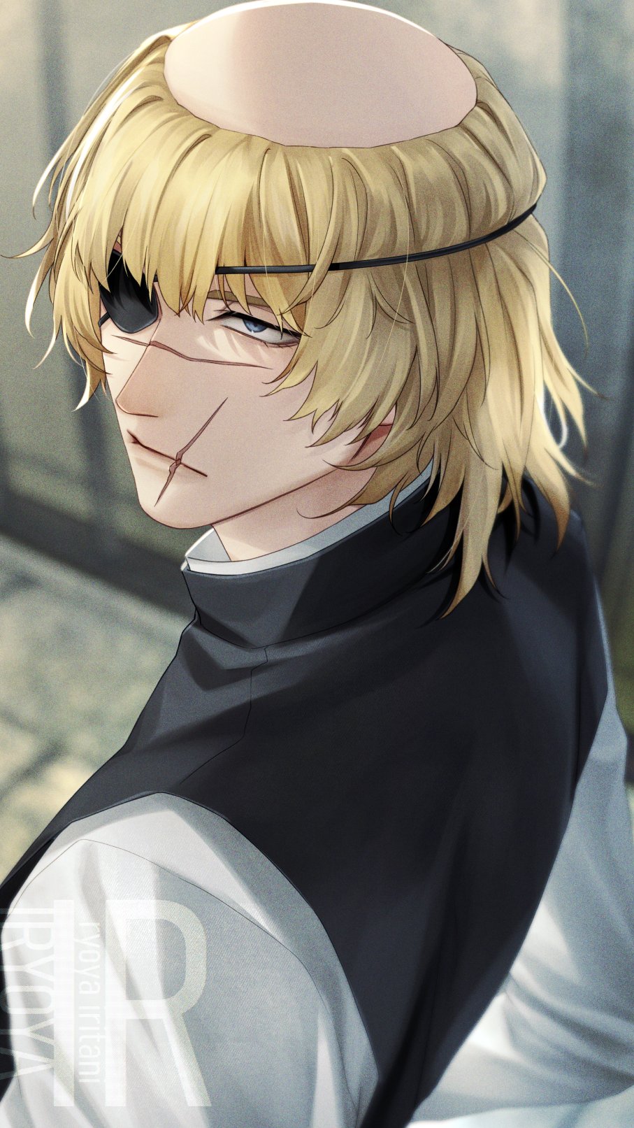 1boy, badeni, black_tabard, blonde_hair, blue_eyes, chi.:_chikyuu_no_undou_ni_tsuite, highres, iorbtyn