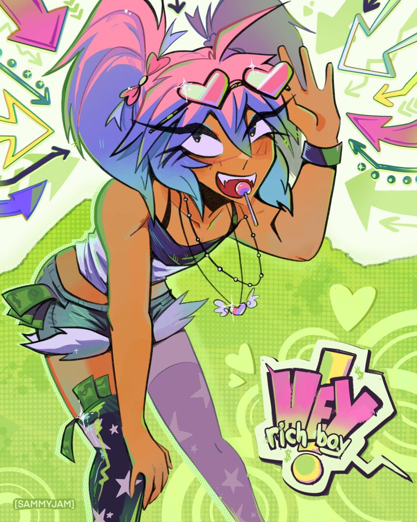 1boy, :d, ahoge, arrow_(symbol), artist_name, banknote, black_tank_top, black_thighhighs, blue_hair, bow, commentary, cowboy_shot, crop_top, denim, denim_shorts, dollar_bill, english_commentary, english_text, eyelashes, eyewear_on_head, fangs, food_in_mouth, frutiger_metro, gradient_hair, hair_bow, heart, heart-shaped_eyewear, heart_necklace, highres, jewelry, leaning_forward, lollipop, lollipop_in_mouth, looking_at_viewer, male_focus, medium_hair, midriff_peek, millionaires_(band), money, multicolored_hair, necklace, open_mouth, original, pink_hair, print_thighhighs, sammy_jam, short_twintails, shorts, smile, solo, song_name, star_(symbol), star_print, sunglasses, tan, tank_top, thighhighs, trap, twintails, woomi_(sammy_jam)