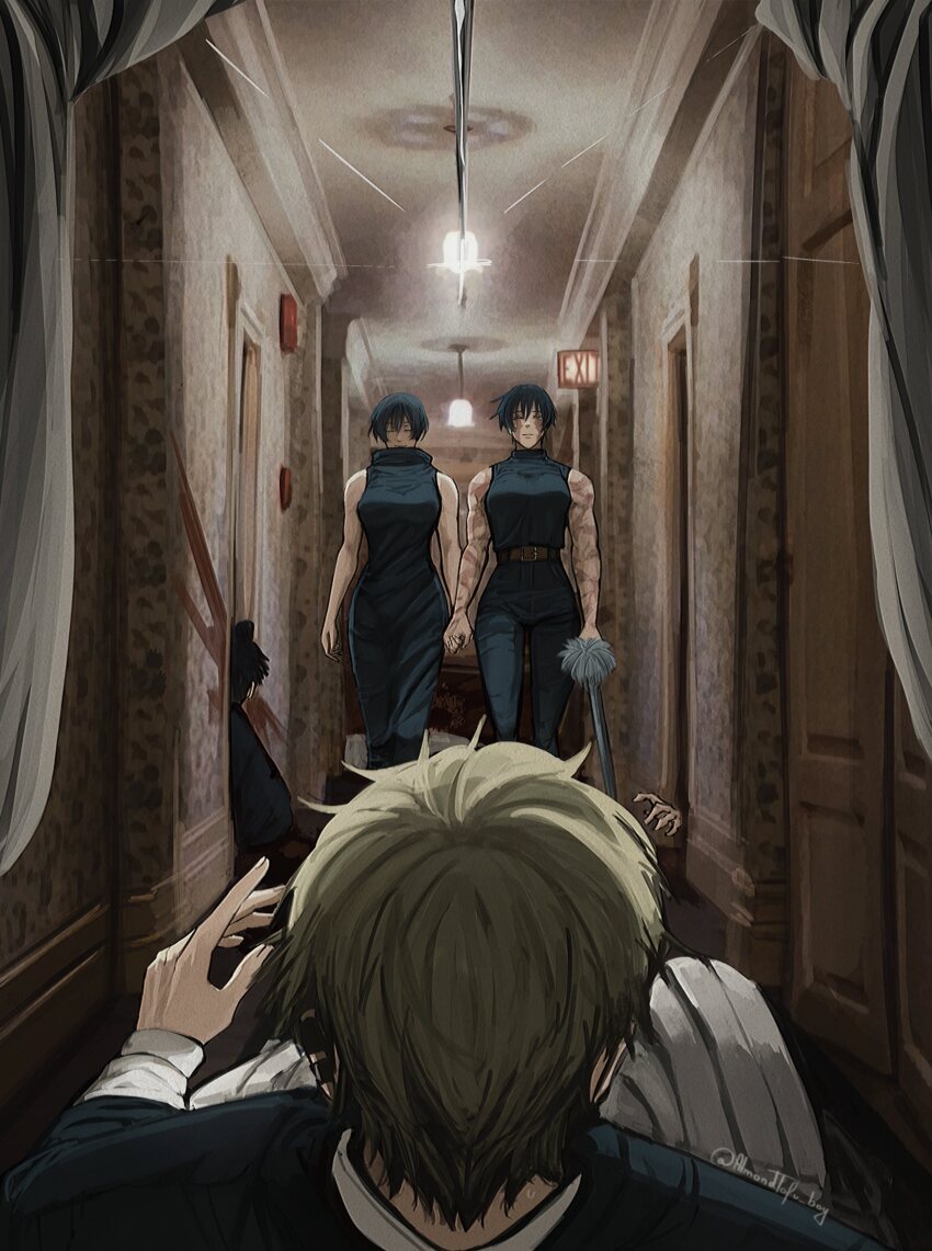 absurdres, almondtofu_boy, belt, blonde_hair, blood, blood_on_wall, blood_stain, door