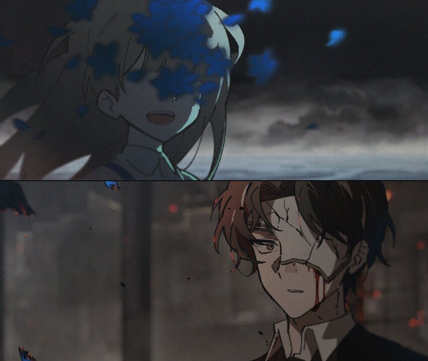 1boy, 1girl, :d, black_hair, black_jacket, blonde_hair, blood, blood_on_face, bloody_tears, blue_flower, blunt_bangs, burning, child, collared_shirt, commentary_request, constricted_pupils, contrast_collar, covered_eyes, cracked_mask, curtained_hair, design_speculation, embers, falling_flower, father_and_child, father_and_daughter, film_grain, floating_hair, flower, grey_sky, highres, horizon, jacket, korean_commentary, long_hair, mask_over_one_eye, multicolored_hair, ocean, open_mouth, overcast, parent_and_child, parted_bangs, project_moon, rien's_daughter_(project_moon), rien_(project_moon), rightcockroach, shirt, short_hair, sky, smile, split_screen, storm_cloud, streaked_hair, teeth, upper_teeth_only, water, white_shirt, white_streaks, wind, wolfsbane_(flower), yellow_eyes