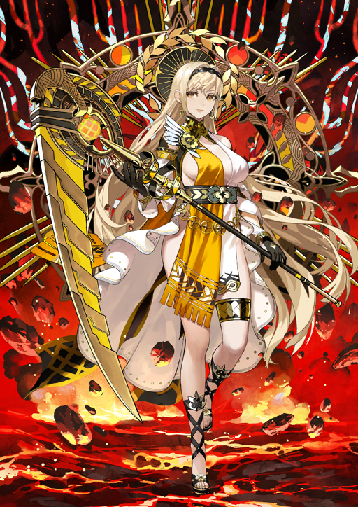 1girl, armor, blonde_hair, boots, breasts, cleavage, closed_mouth, demeter_(fate), demeter_(first_ascension)_(fate), dress, fate/grand_order, fate_(series), fire, flower, full_body, gauntlets, gloves, hair_between_eyes, hair_ornament, hairband, high_heels, holding, holding_sword, holding_weapon, jewelry, katana, large_breasts, long_hair, long_sleeves, looking_at_viewer, medium_breasts, official_art, okojo, ribbon, second-party_source, sheath, skirt, smile, solo, standing, sword, very_long_hair, weapon, white_dress, white_hair, yellow_eyes