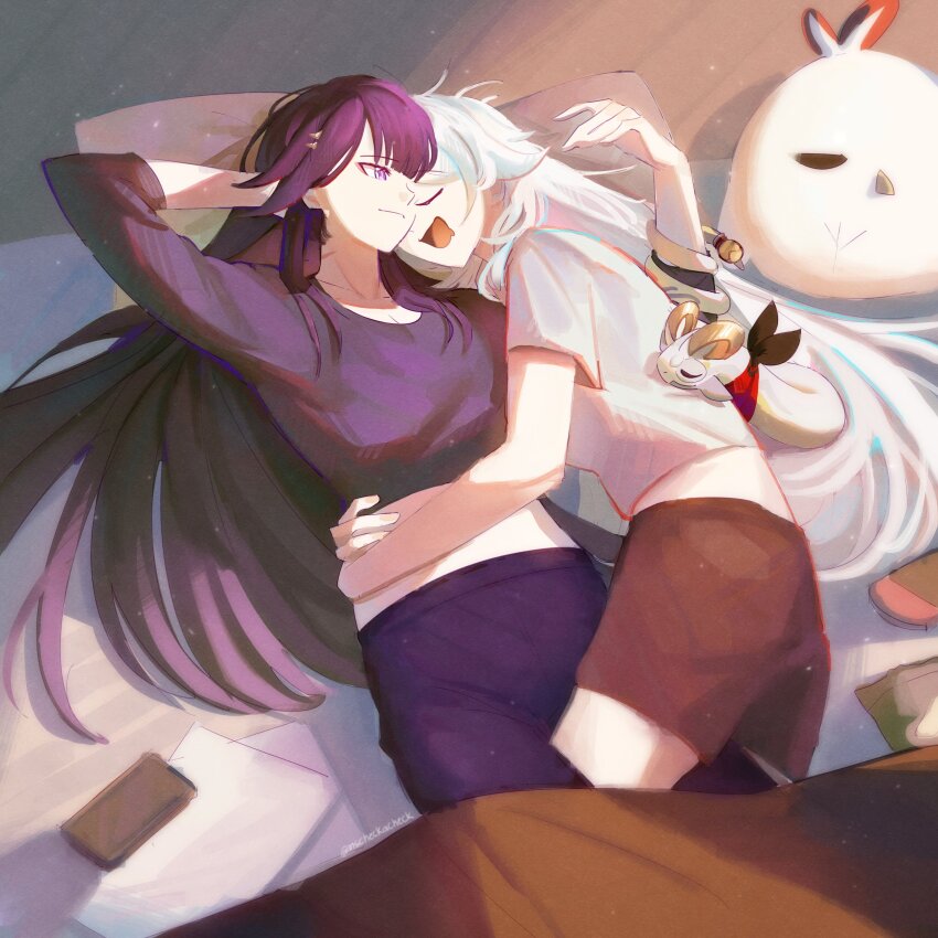 2girls, absurdres, alternate_costume, blanket, commentary, dappled_sunlight, english_commentary, hair_ornament