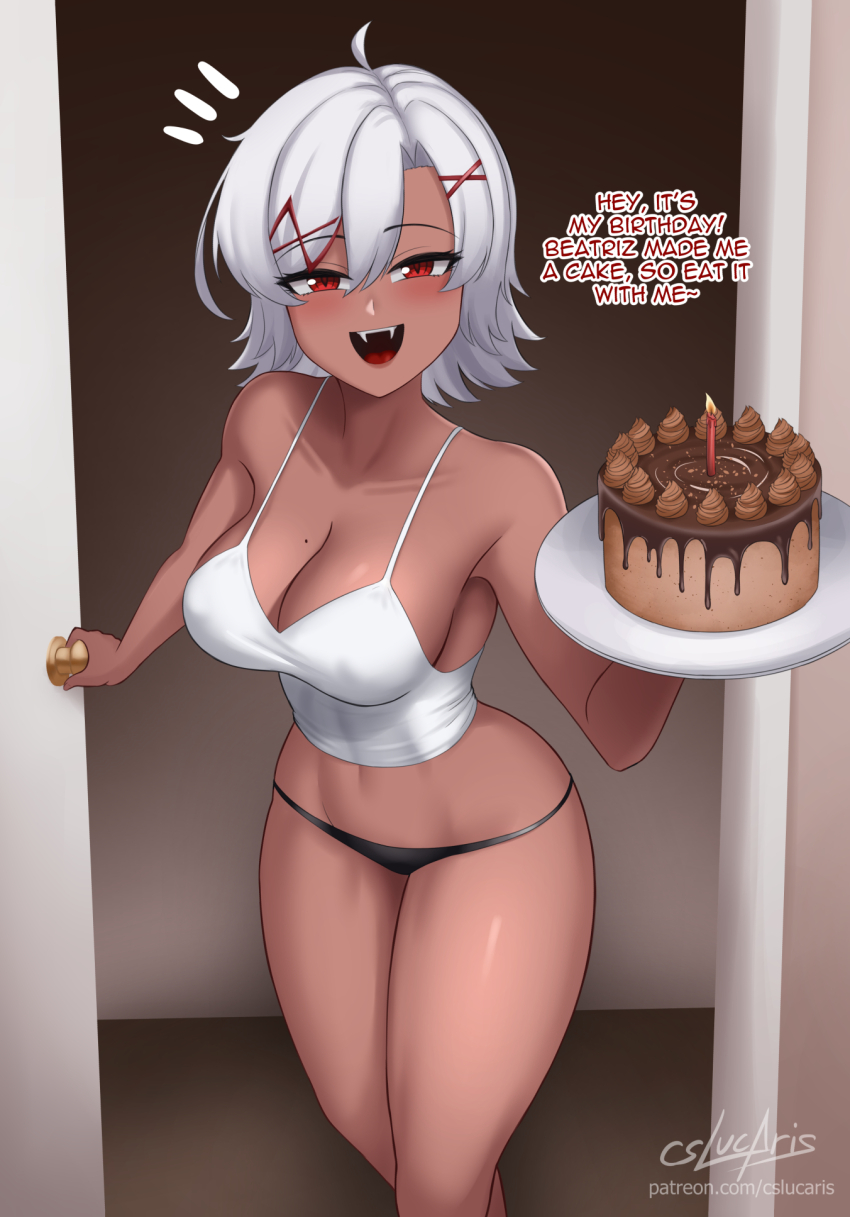 birthday, birthmark, black_panties, breasts, cake, cslucaris, dark-skinned_female, dark_skin, food, grey_hair, hand_on_doorknob, highres, holding, holding_cake, holding_food, large_breasts, lucille_(cslucaris), opening_door, original, panties, pov, red_eyes, request_to_viewer, shirt, speaking_to_viewer, thick_thighs, thighs, underwear, white_shirt