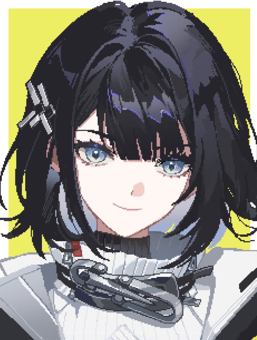 1girl, arknights, arknights:_endfield, black_hair, closed_mouth, commentary, endministrator_(arknights), female_endministrator_(arknights), grey_eyes, hair_ornament, highres, looking_at_viewer, pelly.k, pixel_art, portrait, ribbed_sweater, short_hair, simple_background, smile, solo, sweater, white_sweater, yellow_background
