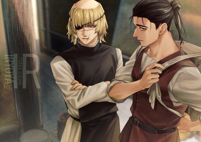 2boys, badeni, belt, black_belt, black_hair, blonde_hair, blue_eyes, buttons
