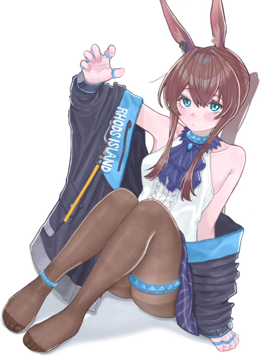 1girl, :<, amiya_(arknights), animal_ears, anklet, arknights, arm_up, ascot, bare_shoulders, black_jacket, blue_collar, blue_eyes, blush, brown_hair, brown_pantyhose, center_frills, closed_mouth, clothes_writing, collar, commentary, feet, frills, full_body, hair_between_eyes, highres, hiruandon222, jacket, jewelry, knees_up, long_hair, long_sidelocks, looking_at_viewer, multiple_rings, no_shoes, pantyhose, purple_ascot, ring, ring_on_every_finger, shirt, sidelocks, sitting, sleeveless, sleeveless_shirt, solo, thighlet, white_shirt