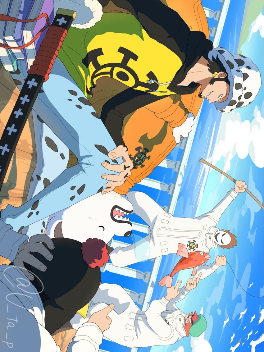 5boys, aqua_hat, bepo_(one_piece), black_hair, blue_sky, brown_hair, commentary_request, denim