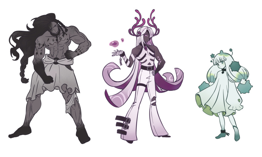 1boy, 1girl, 1other, androgynous, anklet, arm_markings, bandaged_hand, bandages, belt, black_choker, black_eyes, black_hair, blue_eyes, body_markings, braid, chain, chain_around_leg, chain_around_neck, choker, colored_extremities, colored_eyelashes, colored_skin, commentary_request, cookie_run, cookie_run:_kingdom, dress, gradient_hair, green_eyes, green_hair, grey_skin, hair_over_one_eye, heterochromia, highres, horns, jewelry, low_twintails, luohe2001, mold_dough_cookie, multicolored_hair, multiple_braids, no_shirt, one_eye_closed, one_eye_covered, pants, pink_eyes, pom-pom_dough_cookie, purple_hair, sleeveless, sleeves_past_fingers, sleeves_past_wrists, torn_clothes, torn_pants, torn_sleeve, twintails, venom_dough_cookie, white_background, white_dress, white_eyelashes, white_hair, wrist_chain