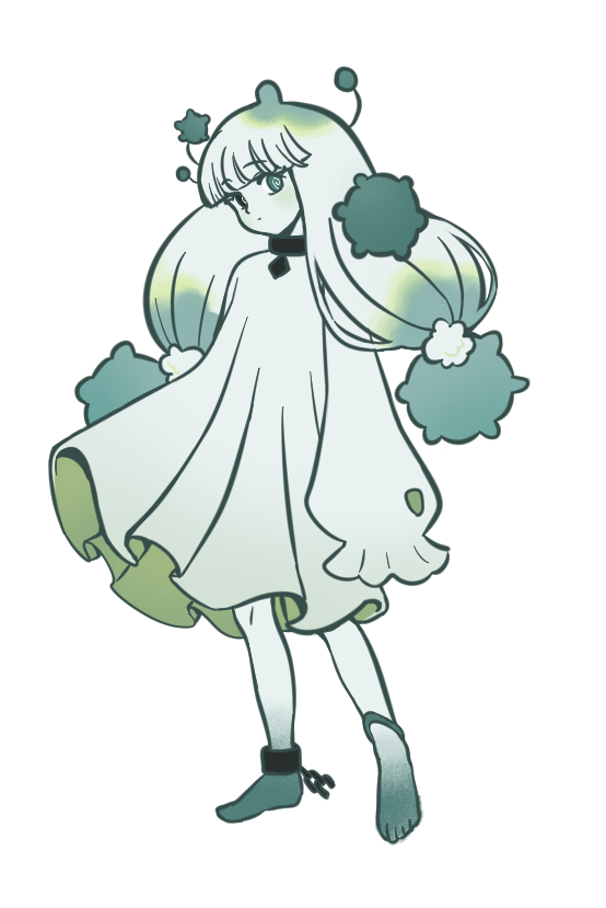 1girl, anklet, blue_eyes, chain, chain_around_leg, chain_around_neck, colored_extremities, colored_skin, commentary_request, cookie_run, cookie_run:_kingdom, dress, gradient_hair, green_eyes, green_hair, heterochromia, jewelry, long_sleeves, luohe2001, multicolored_hair, pom-pom_dough_cookie, sleeves_past_fingers, sleeves_past_wrists, solo, torn_sleeve, twintails, white_background, white_dress, white_hair